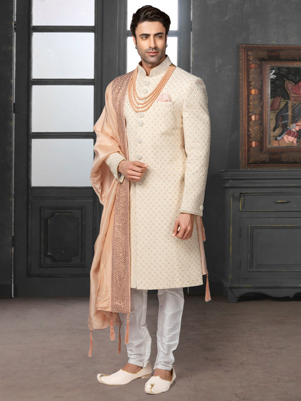 Rich Cream Mens Silk Sherwani-Dupatta With Embellishments All Over