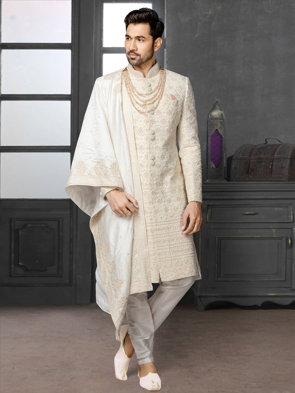 Exquisite White Ethnic Mens Silk Sherwani