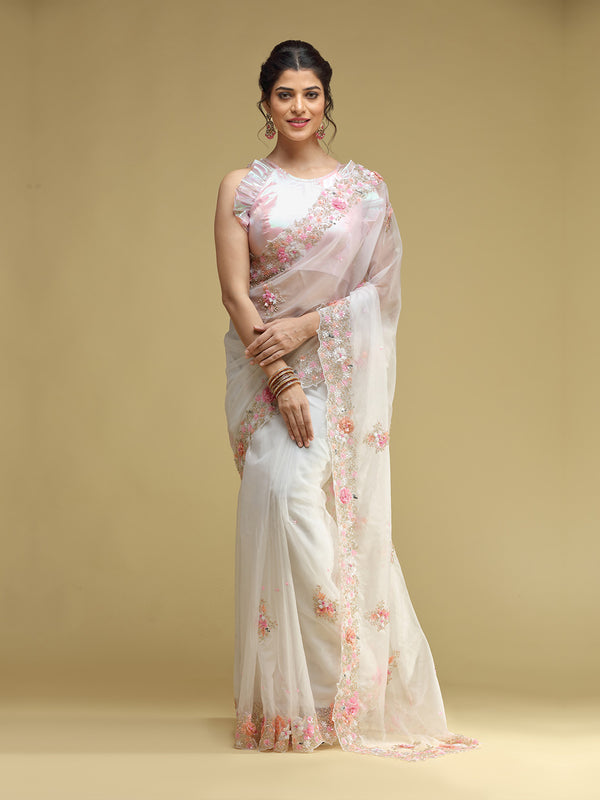 Wedding Stylish Pink Georgette sarees Fully Sequence Hand work Border Sari  Top