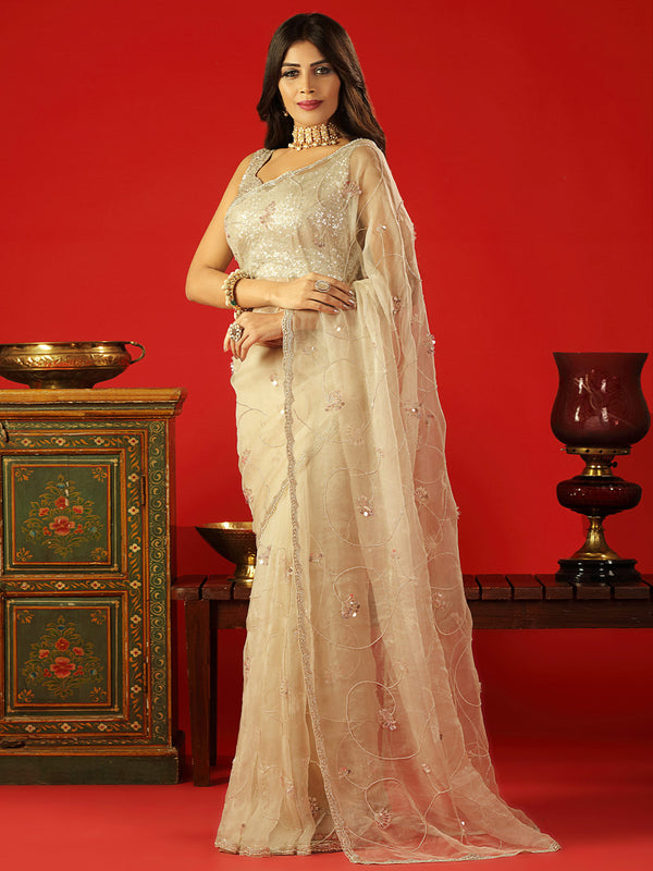 Exquisite Cream Party Wear Tissue Saree With Shimmery Blouse & Border