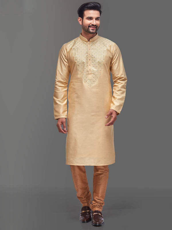 Men Gold-Toned Cotton Silk Kurta with Embroidery