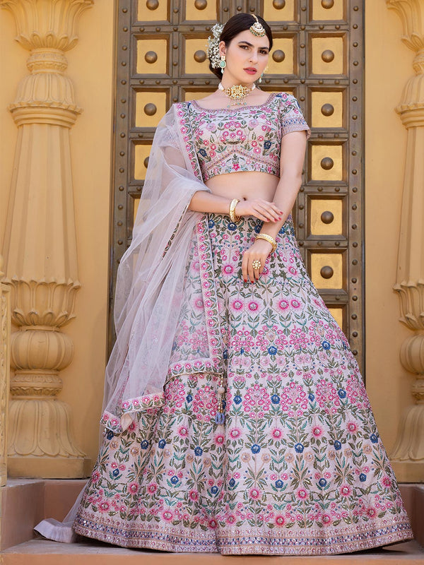 Sophisticated White Lehenga with Elegant Pink and Blue Floral Motifs