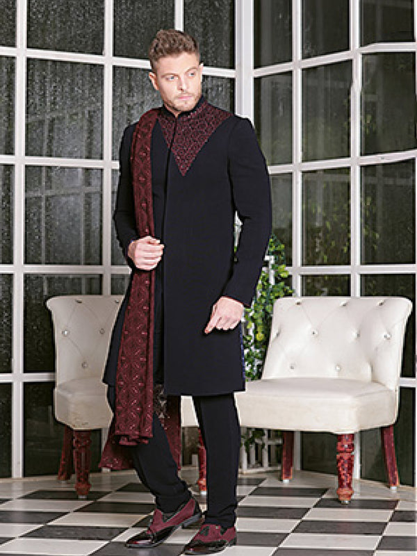 Exquisite Black Mens Sherwani Set Enhanced With Minimal Red Embroidery