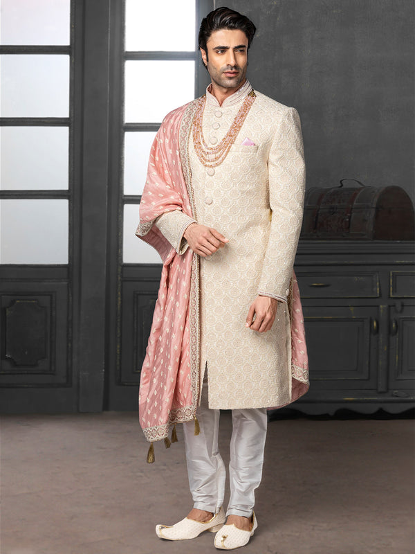 Cream & Peach Color Coordinated Designer Silk Sherwani For Men