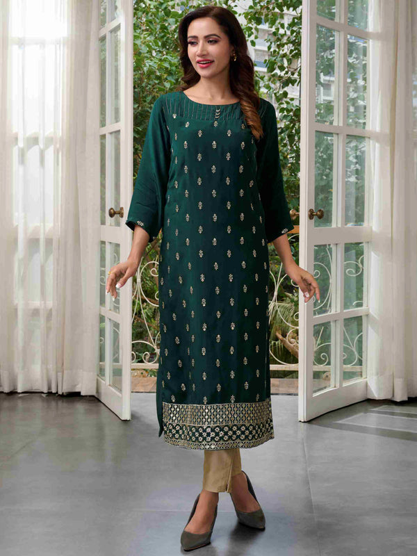 Royal Green Straight Cut Embroidered Kurti for Women
