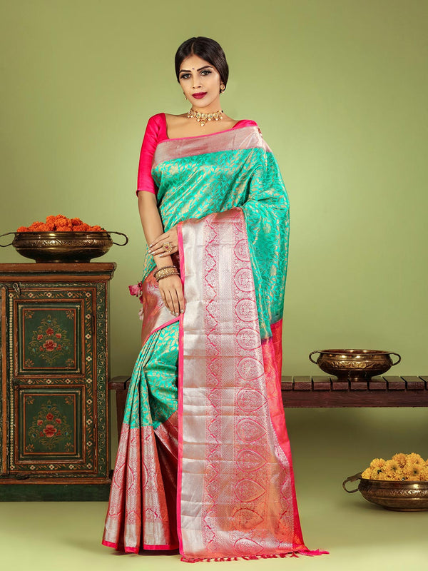 Rich Indian Sky Blue & Pink Kanjivaram Silk Saree