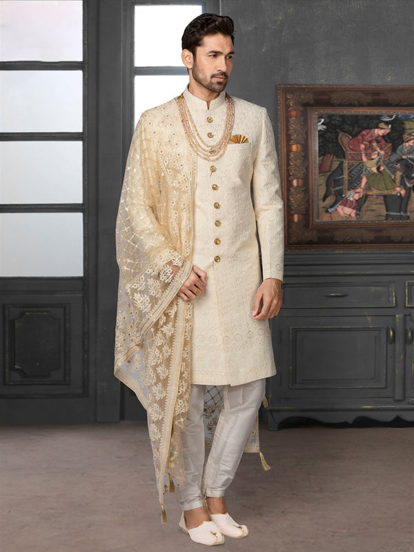 Royal Cream Silk Sherwani With Rich Embroidery & Aesthetic Dupatta