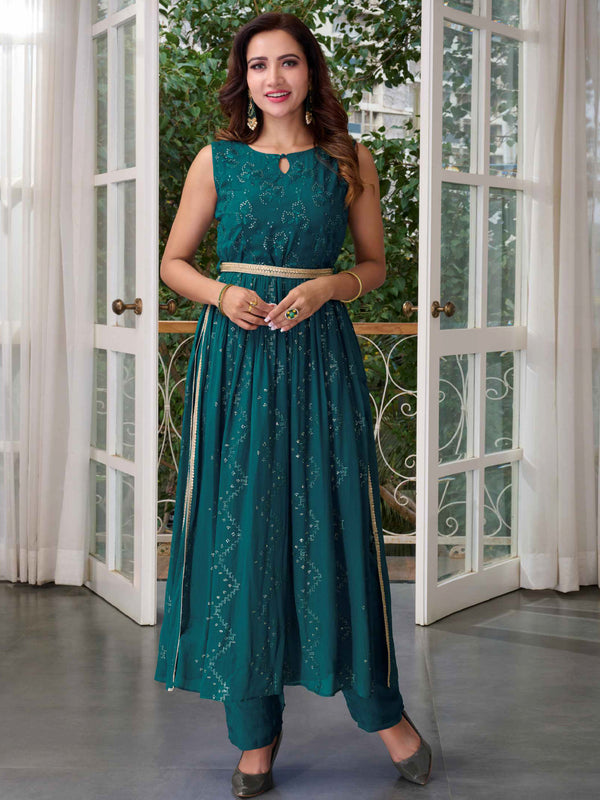 Cool Blue Shade Minimal Embellished Gown Style Kurti