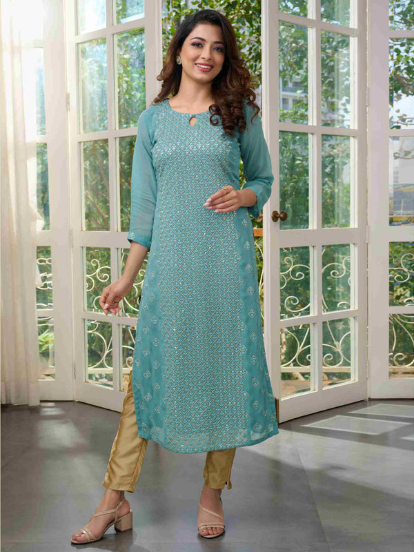 Beautiful Sky Blue Georgette Kurti Enriched with Embroidered and Sequined Panel