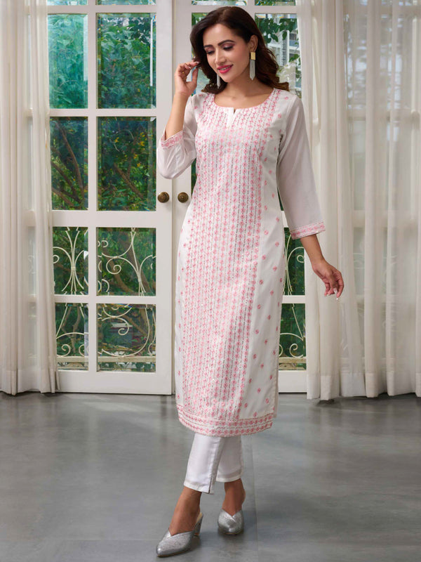 Charming White Georgette Kurti with Pink Embroidery all Over
