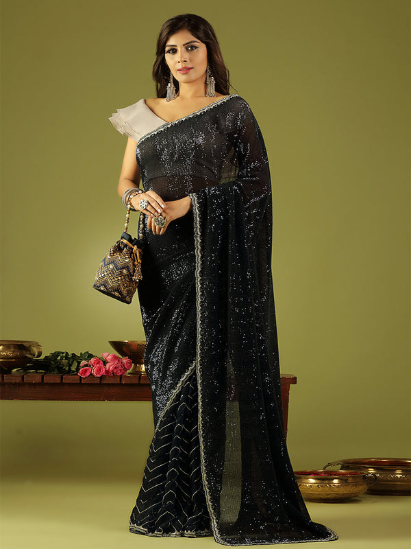 Luxe Black Sequence Tissue Saree Adorned With Ruffled Blouse