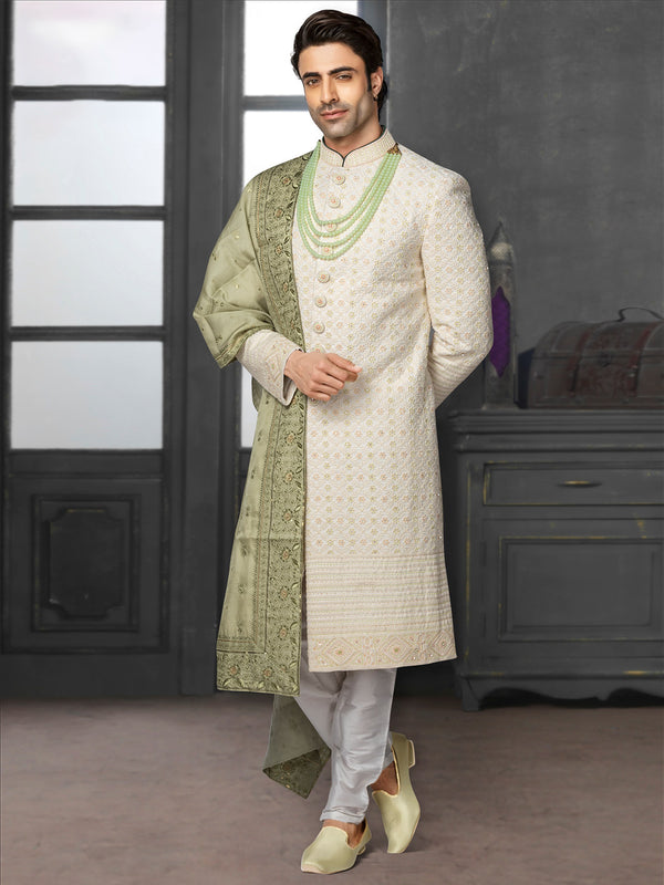 Perfectly Blended Off White & Olive Green Silk Designer Sherwani For Men