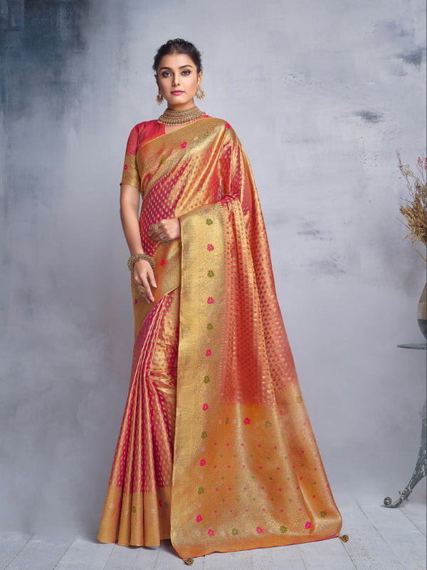 Magnificent Red Tissue Saree Adorned with Golden Banarasi Borders