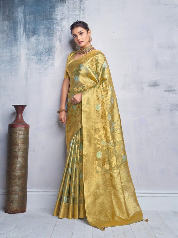 Divine Greenish Golden Handwoven Tissue Saree