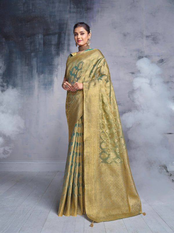 Traditional Gold and Blue Banaras Style Tissue Saree