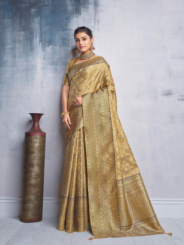 Luxurious Matte Gold Tissue Saree Contrasted with Black Finish