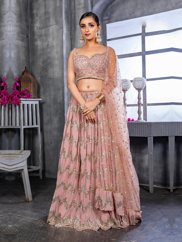 Golden and Silver Worked Pink Lehenga Choli and Flared Dupatta