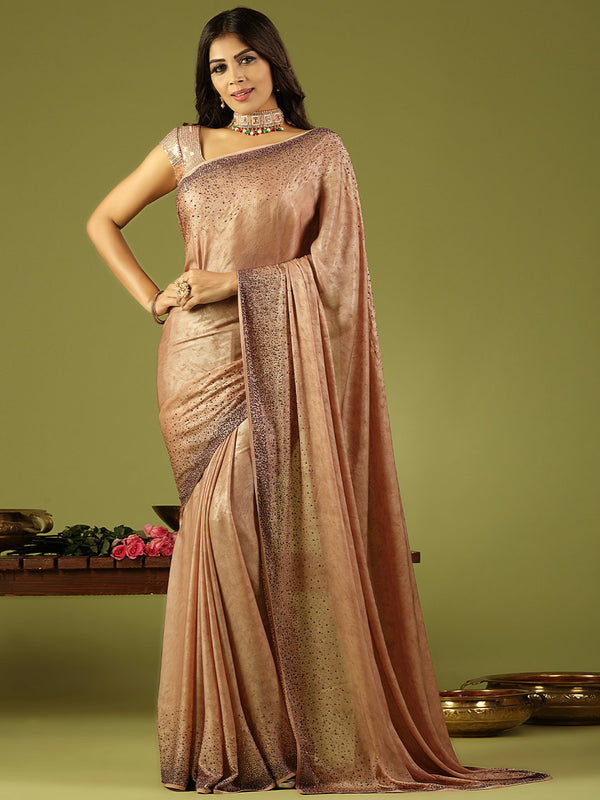 Mauve Coloured Shimmer Party Wear Saree Elevated With Tikki Work