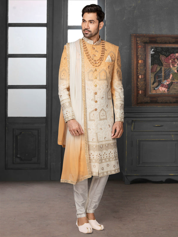 Designer Mens Silk Sherwani With Contemporary Hues Of White & Light Orange