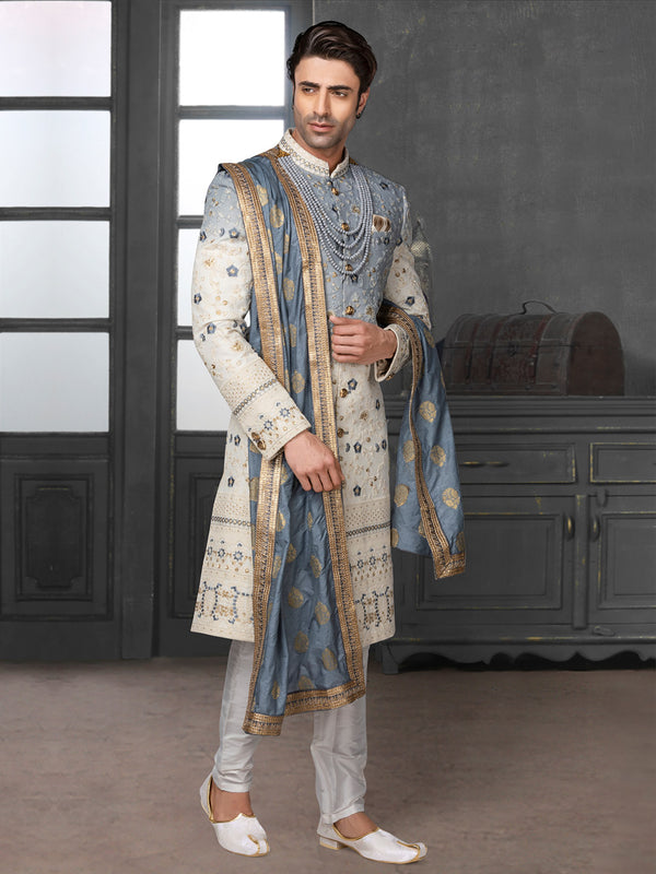 Designer Mens Silk Sherwani With Contemporary Hues Of White & Blue