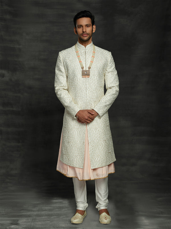 White & Peach Modernly Embroidered Silk Sherwani Set