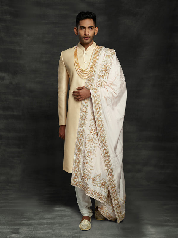 Regal Beige Slim Fit Silk Sherwani Paired With White Dupatta