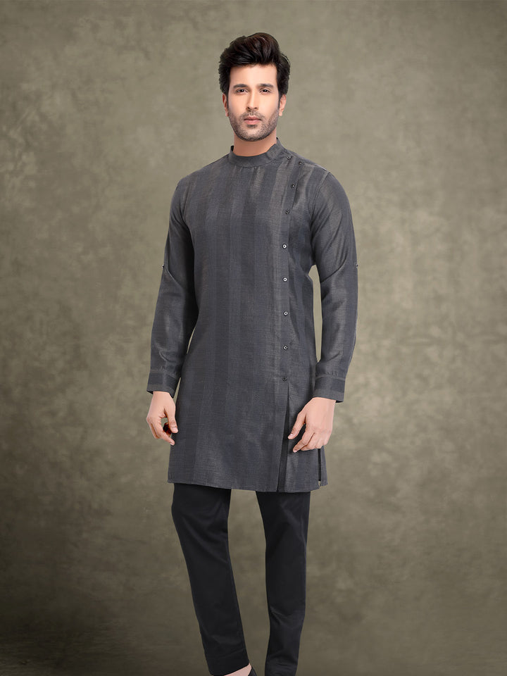 Designer Striped Grey Mens Linen Indo-Western