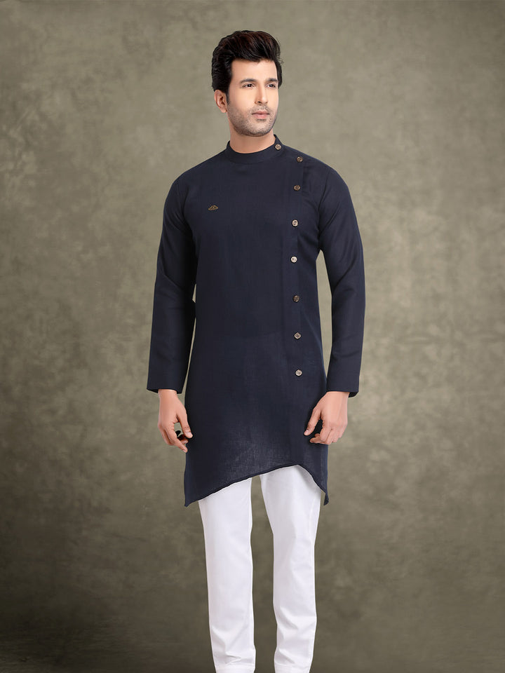 Deep Black Slim-Fit Linen Mens Indo-Western With Side Buttons