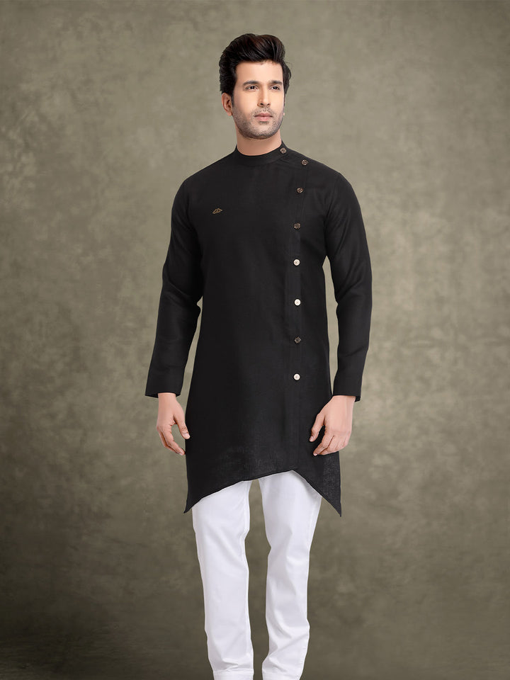 Deep Black Slim-Fit Linen Mens Indo-Western With Side Buttons