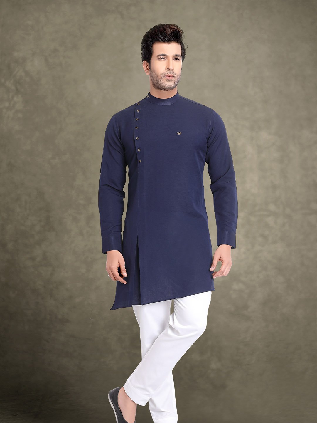 Voguish Navy Blue Designer Mens Linen Indo-Western