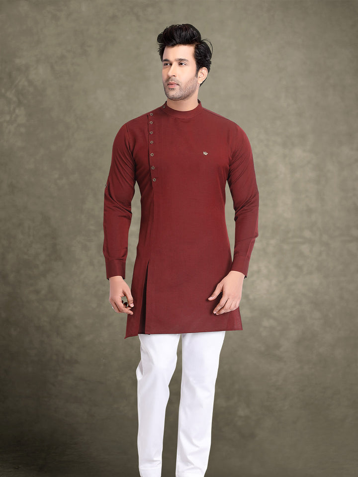 Maroon Fashionable Slim-Fit Solid Linen Indo-Western For Mens
