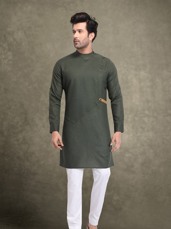 Greenish Grey Stylish Linen Indo-Western Wear For Mens