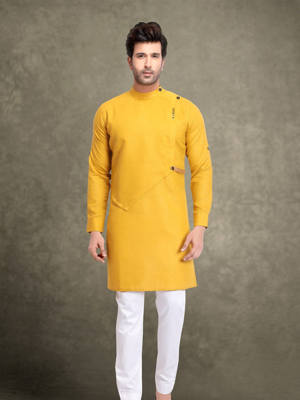 Fashionable Solid Slim-Fit Yellow Mens Linen Indo-Western