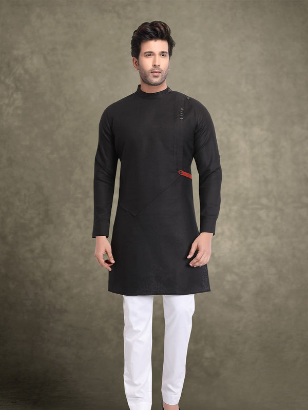 Solid Black Linen Slim-Fit Mens Indo-Western