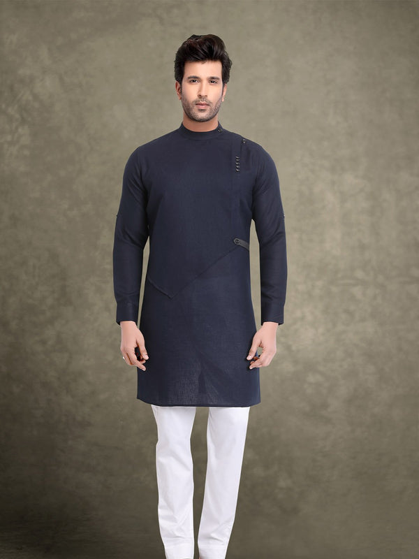 Bold Navy Blue Solid Slim-Fit Linen Indo-Western For Men