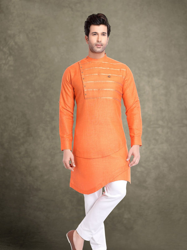 Modish Golden Striped Orange Coloured Linen Indo-Western For Men