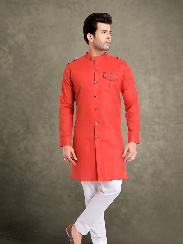 Modern Neon Orange Linen Indo-Western For Men
