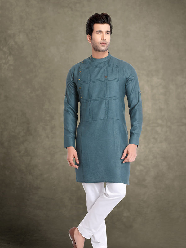 Teal Blue Classy Mens Linen Indo-Western Wear