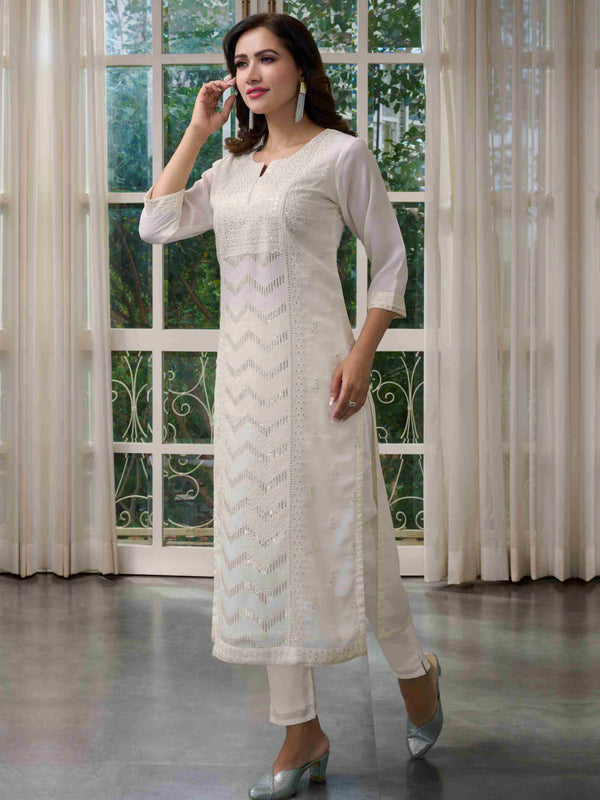 Sophisticated White Straight Kurta with Sequined Front Panel