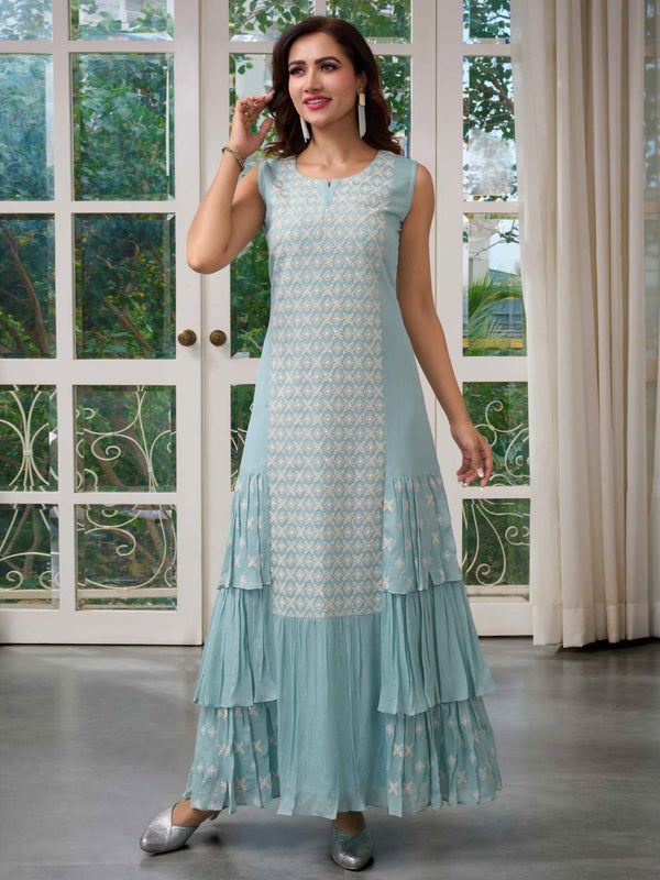 Light Blue Flared Gown Type Kurti with White Threadwork at Front