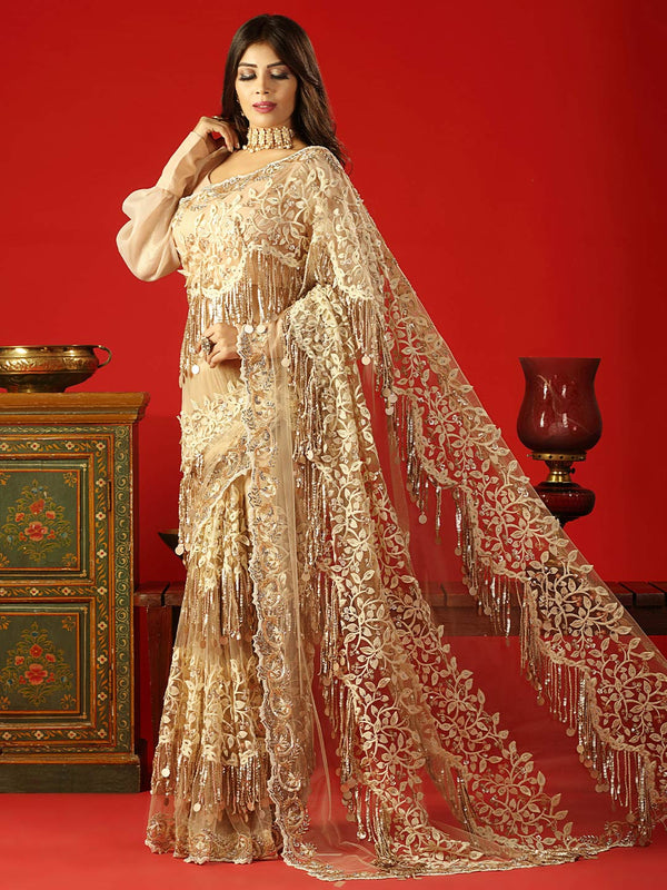 Cream Fashionable Net Ruffled Designer Saree