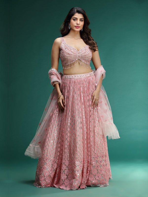 Net Fabric and Sequence Work Lehenga in Pink