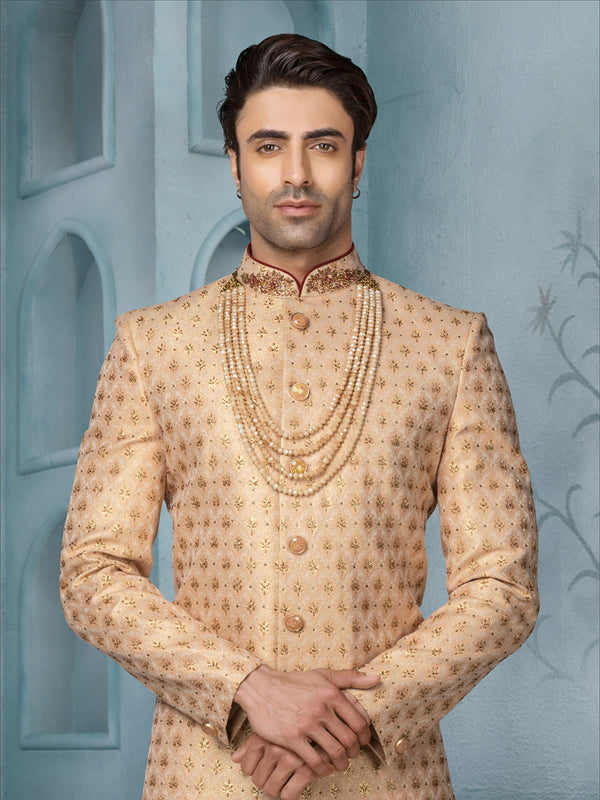 Light Orange Stylish Silk Sherwani For Men With Ethnic Motifs