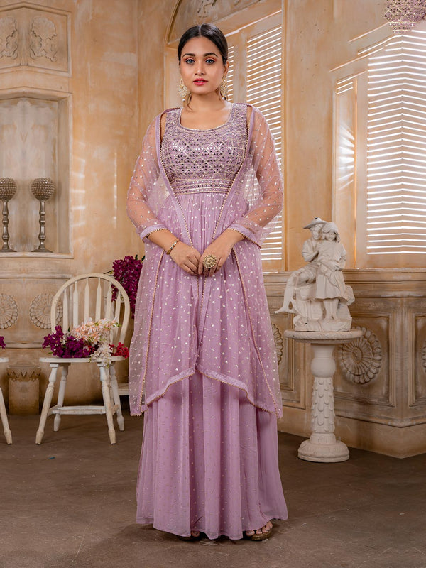 Pretty Lilac Georgette Gown and Net Dupatta with Silver Polkas