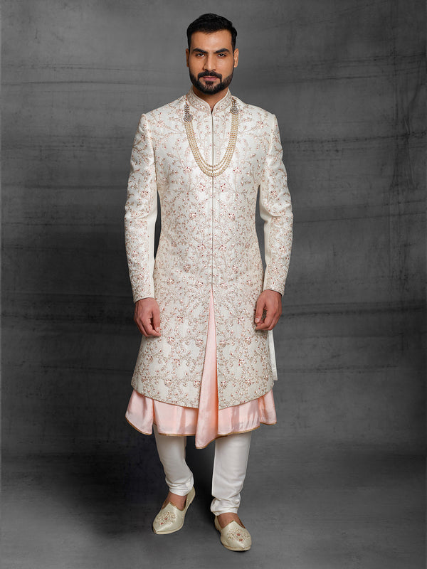 Regal White and Pink Sherwani With Intricate Thread Work