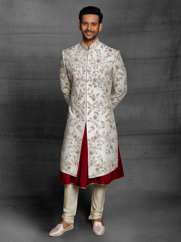 Slim Fit White Sherwani With Red Undertone and Golden Embroidery