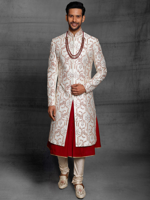 White Sherwani With Red and Gold Embroidery