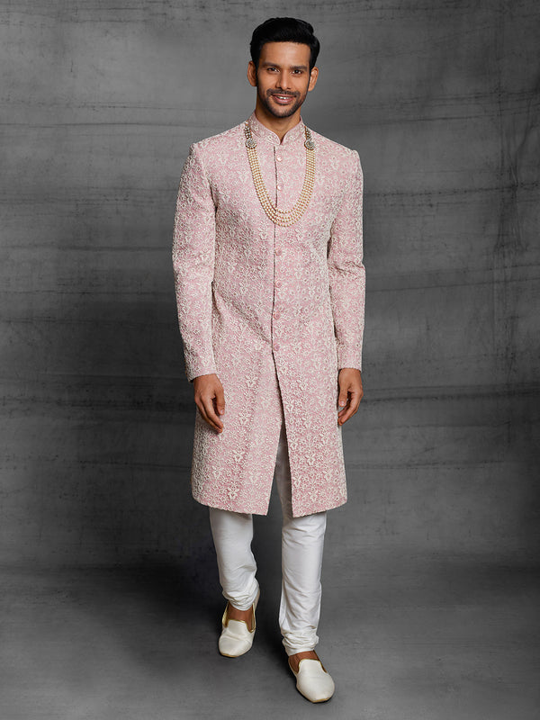Pink Sherwani With Delicate White Over Embroidery