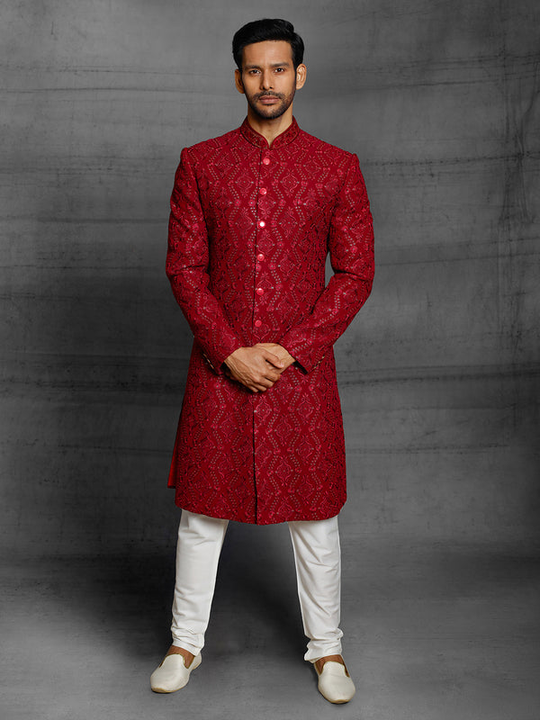 Royal Red Sherwani With Mirror Work Embroidery