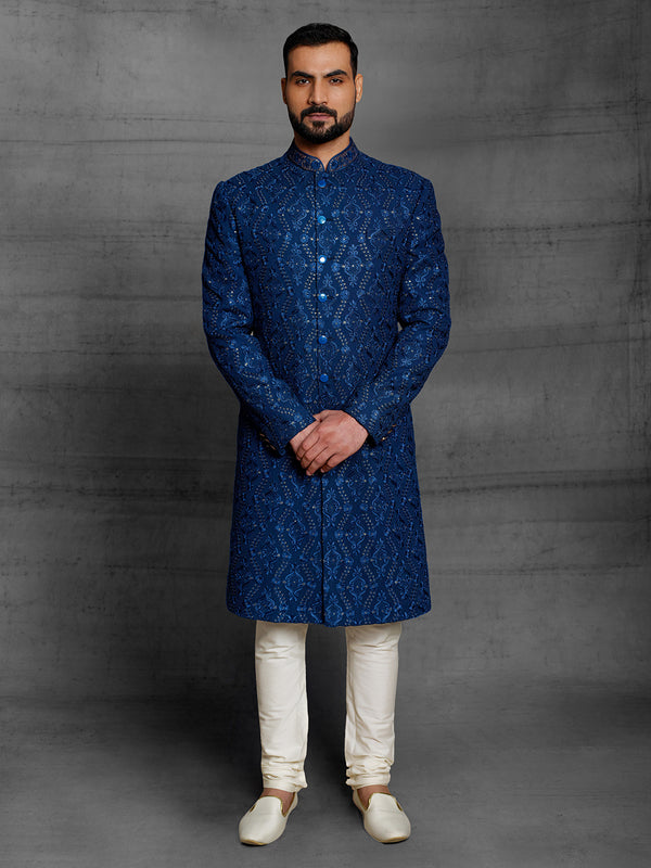 Royal Navy Blue Sherwani With Mirror Work Embroidery
